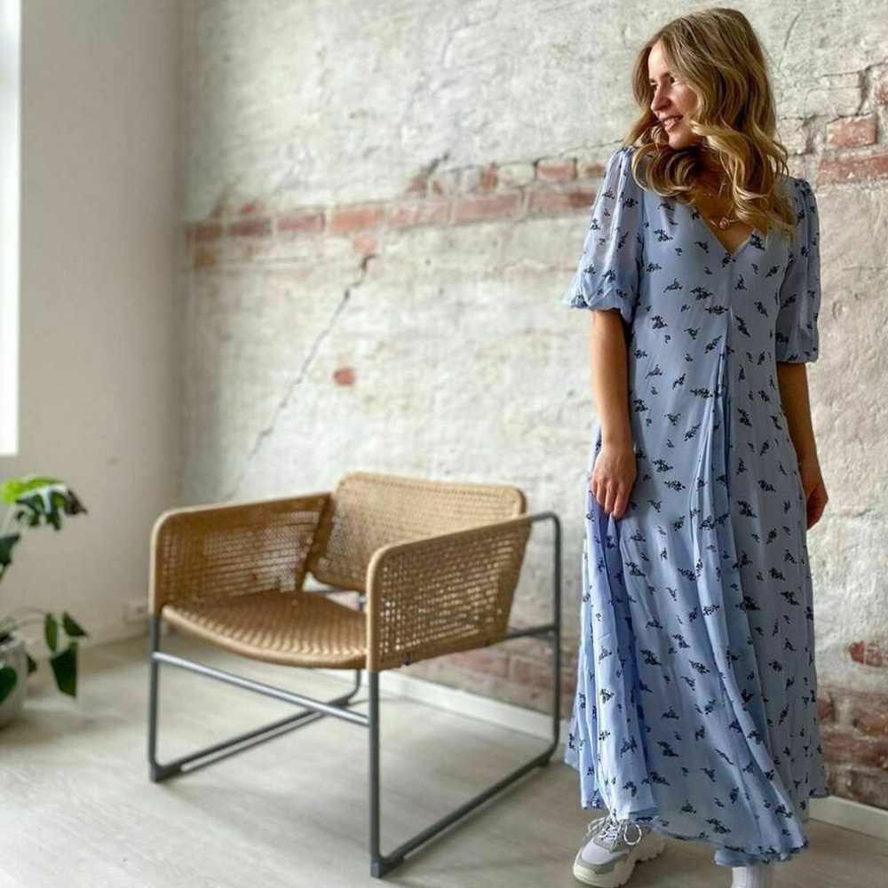 GANNI Floral Georgette Midi Dress Brunnera Blue